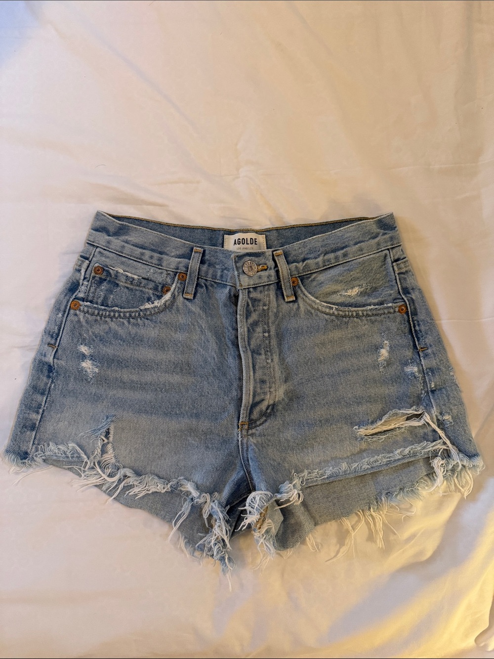 Agolde Light Wash Distressed Denim Cutoff Shorts